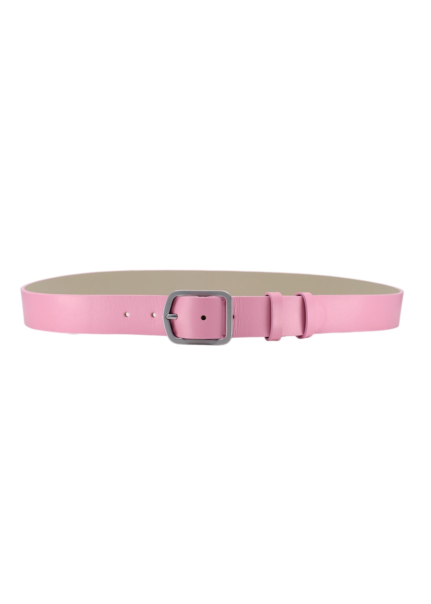 Horizontal view of Barbie Pink smooth leather belt with a weathered silver buckle and double leather loops.