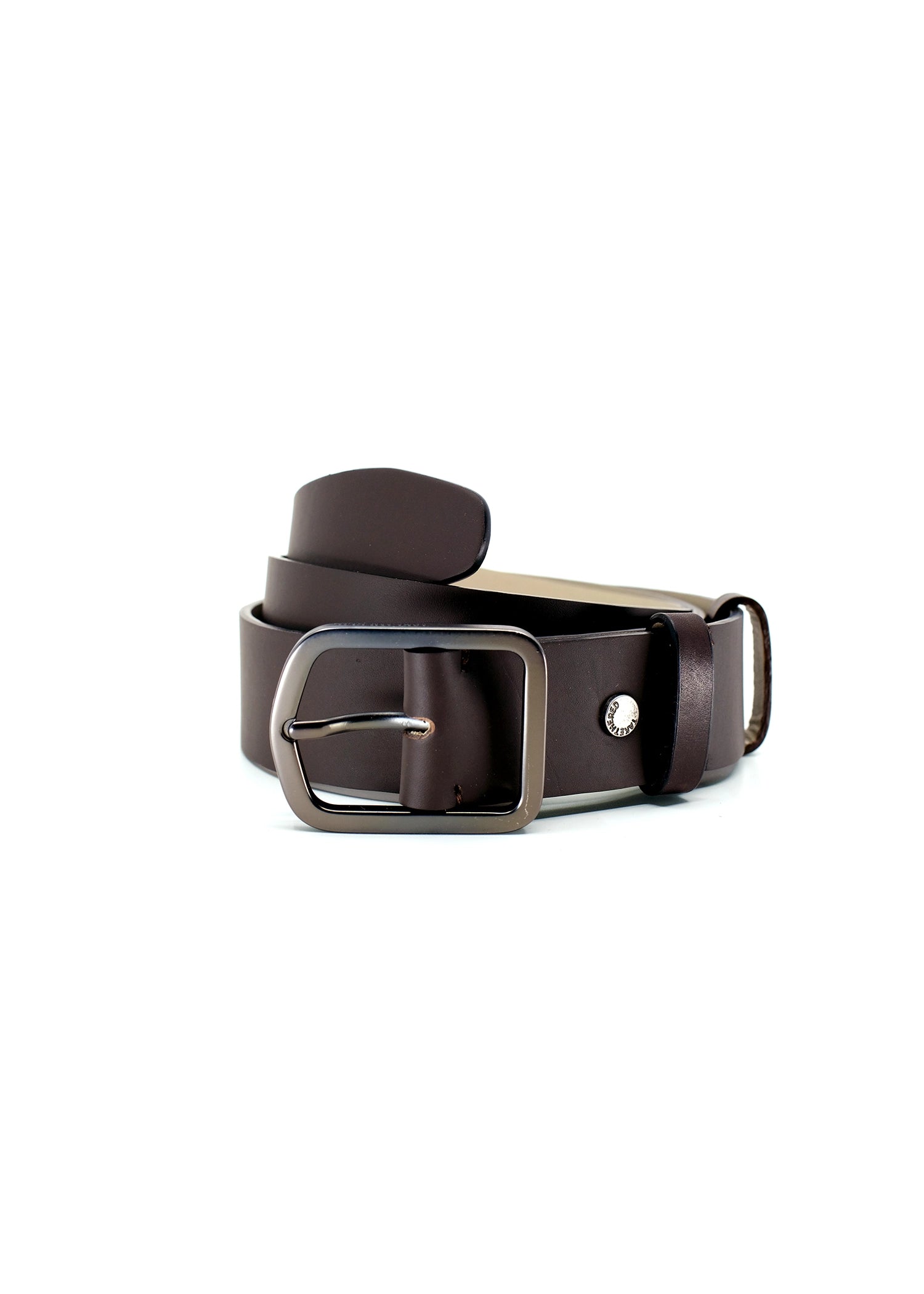 Coiled Classic Espresso smooth dark brown leather belt with a gunmetal buckle and matching leather loop.