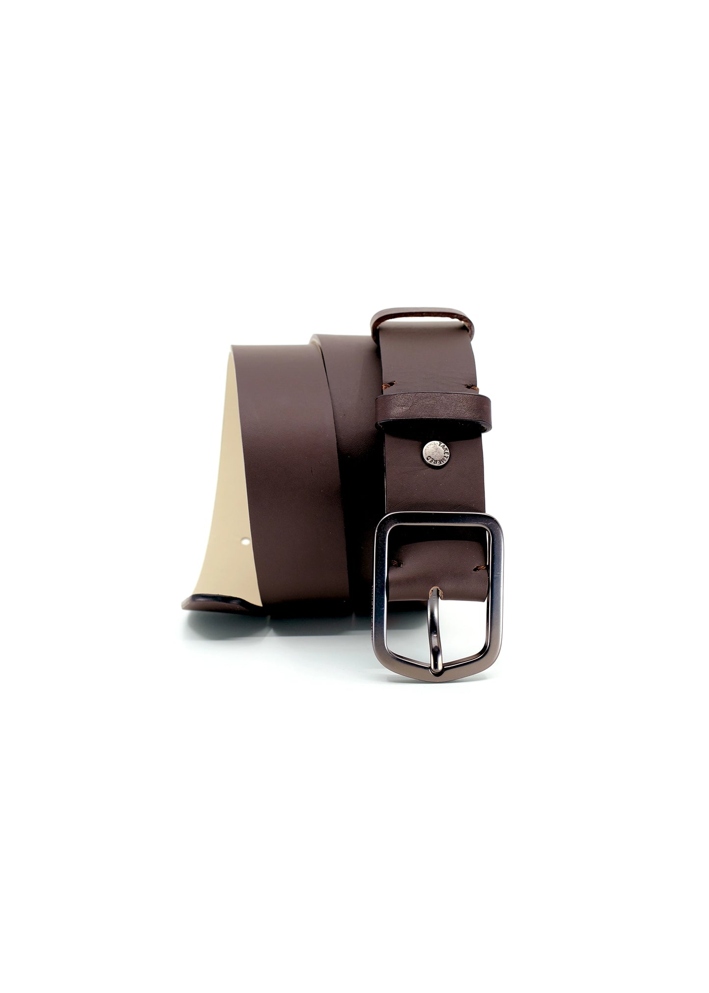 Vertical coiled view of Classic Espresso smooth dark brown leather belt with a gunmetal buckle and silver rivet.