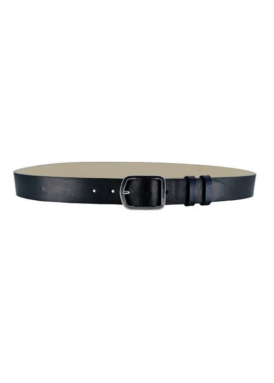 Horizontal view of Classic Pitch Black smooth leather belt with a weathered silver buckle and double leather loops.