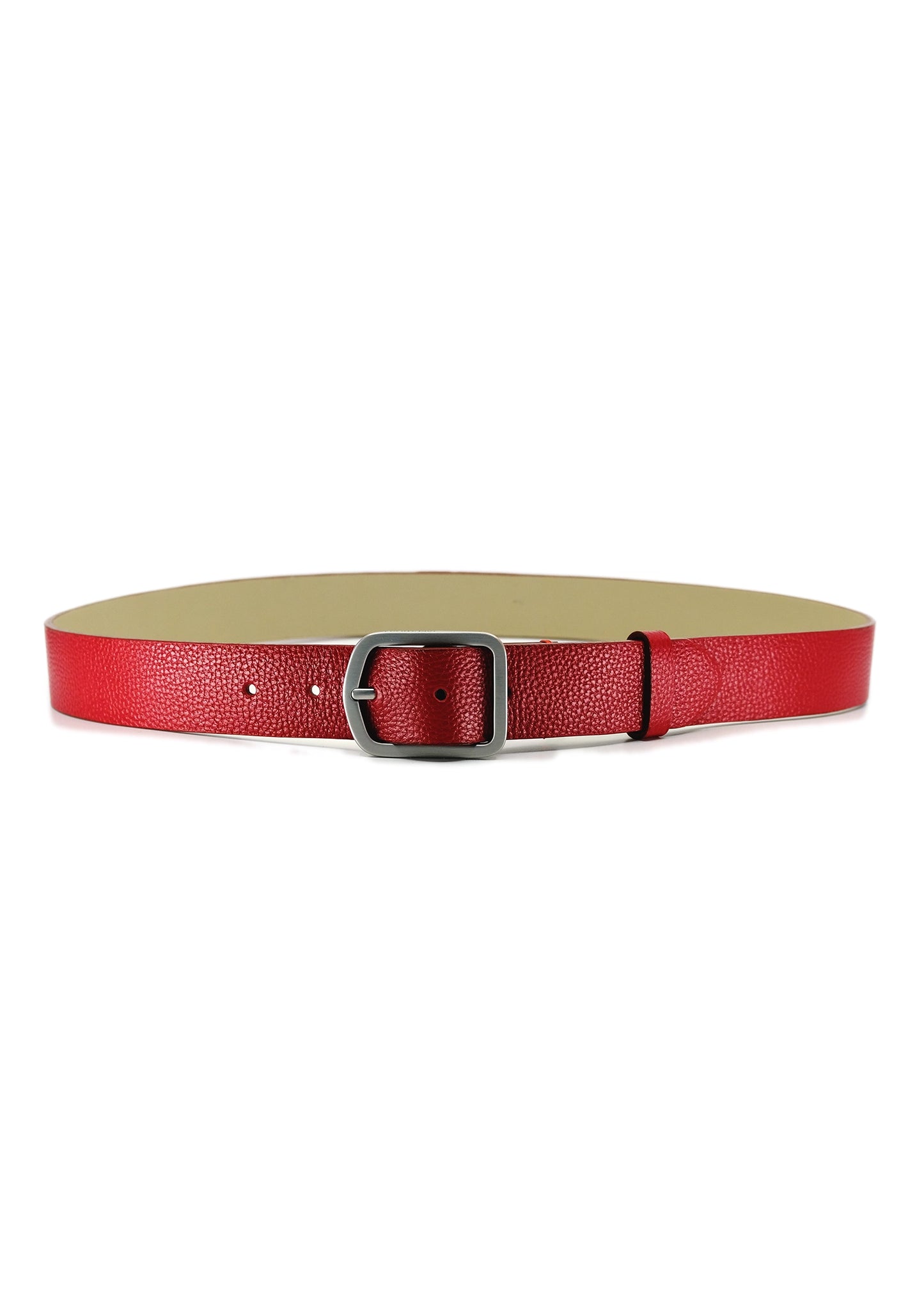 Horizontal view of the deep red Blood Simple Grunge Belt in pebble-grain leather with a weathered silver buckle.