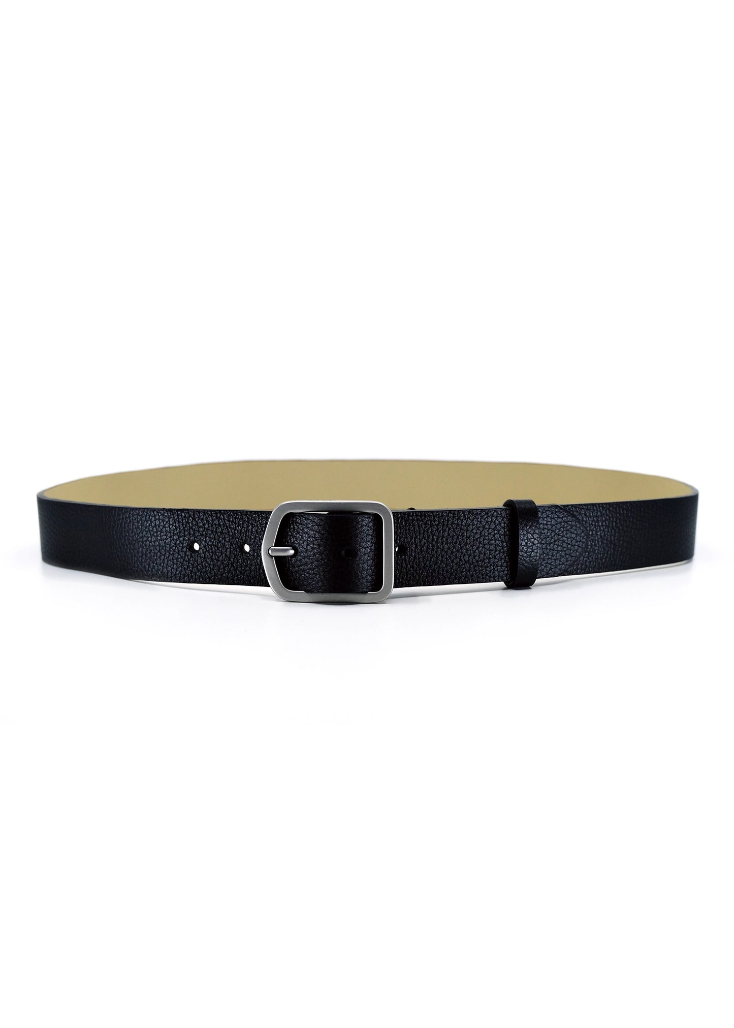 Horizontal view of the Pitch Black Grunge Belt in pebble-grain leather with a weathered silver buckle and loop.