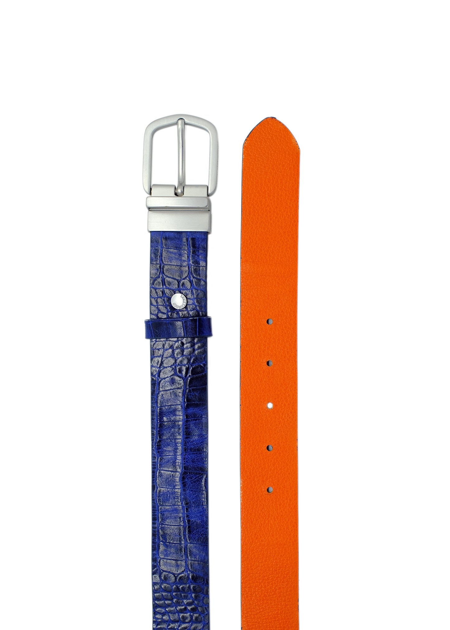 Top-down view of Shadow Blue crocodile and Tatooine Orange leather sides with silver reversible swivel buckle.