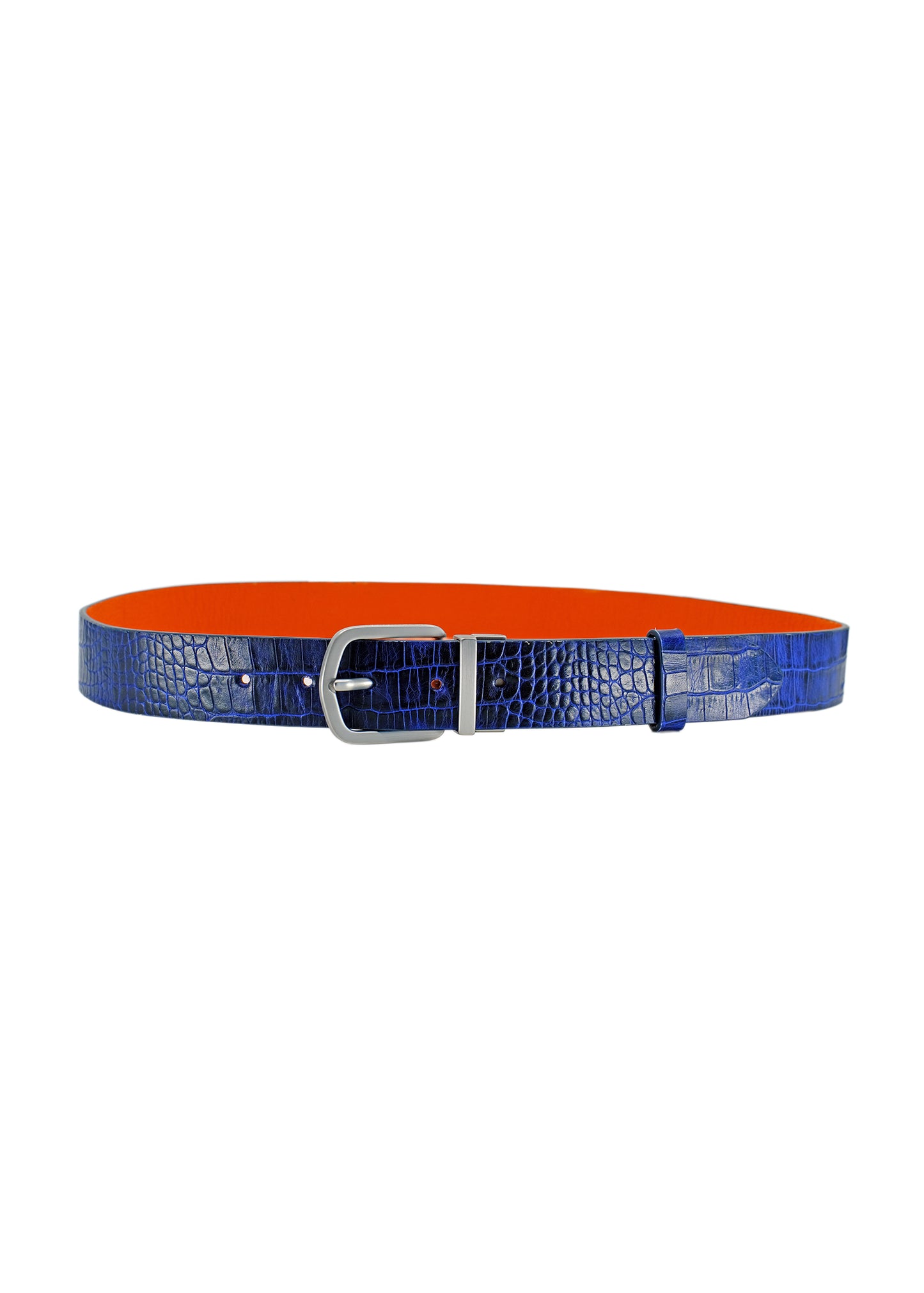 Full horizontal view of the Two-Face belt, highlighting the Blue crocodile embossed texture on the exterior and the orange leather interior.
