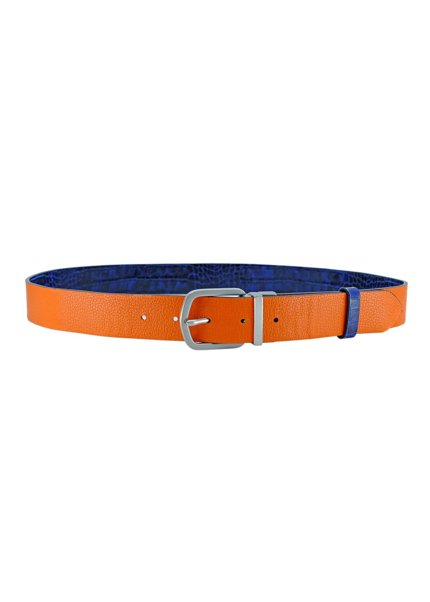 Full horizontal view of the Two-Face belt flipped to the Orange side, highlighting the leather texture and the silver-tone buckle.