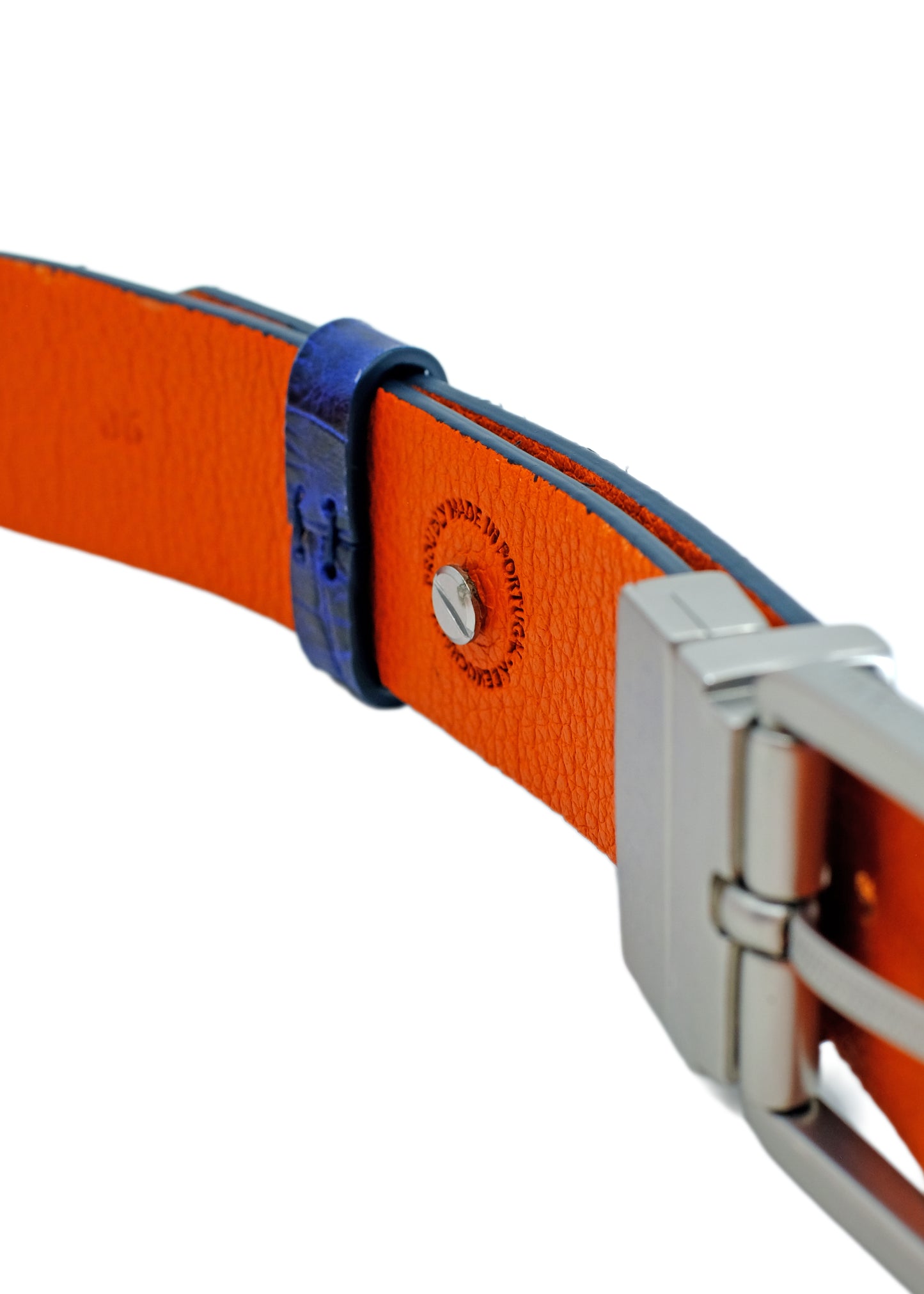Interior view of Tatooine Orange leather with "Proudly Made in Portugal" stamp and silver reversible swivel buckle.