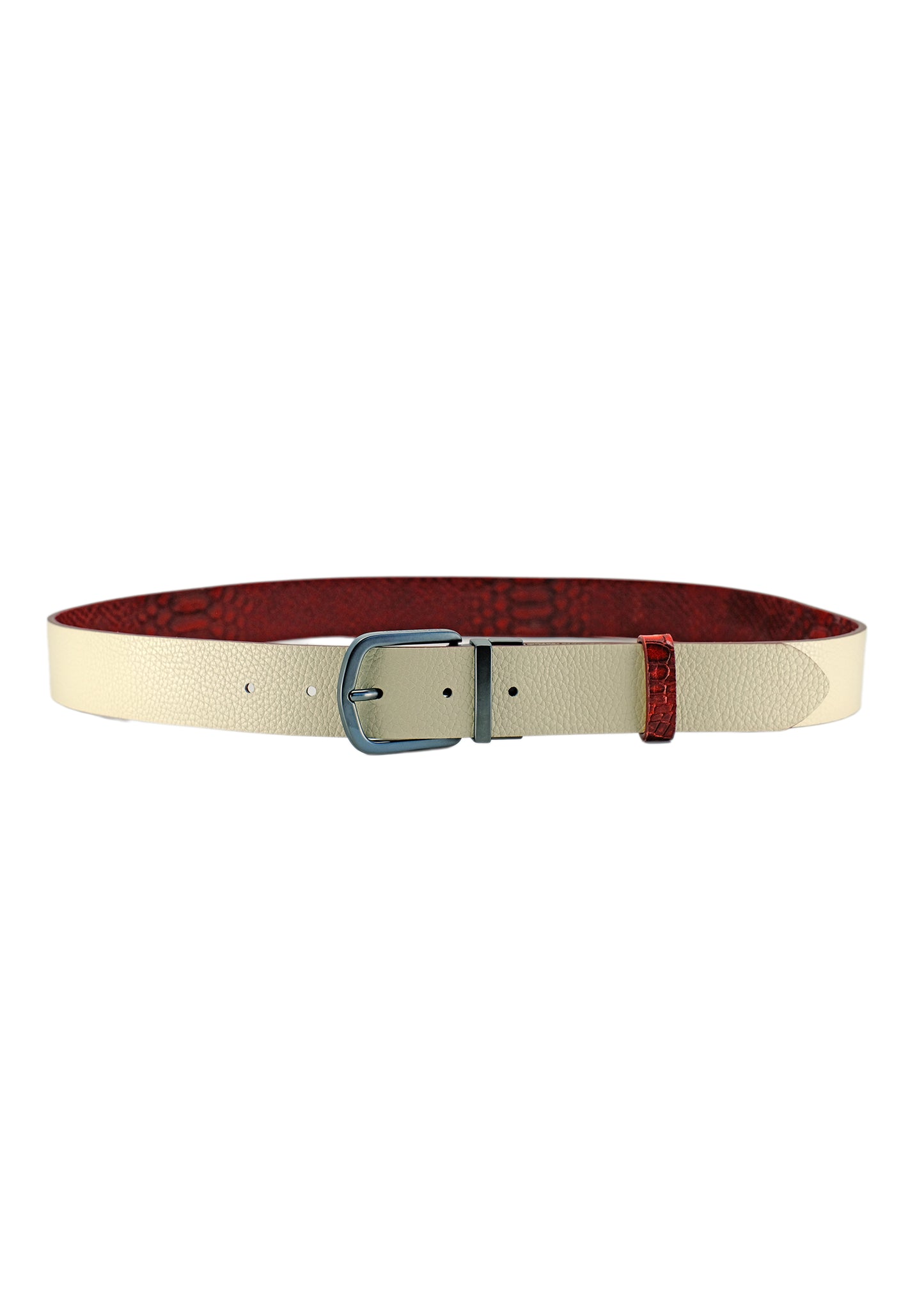Full horizontal view of the Two-Face belt flipped to the Desert White side, highlighting the smooth off-white leather and the contrast with the red snakeskin loop.