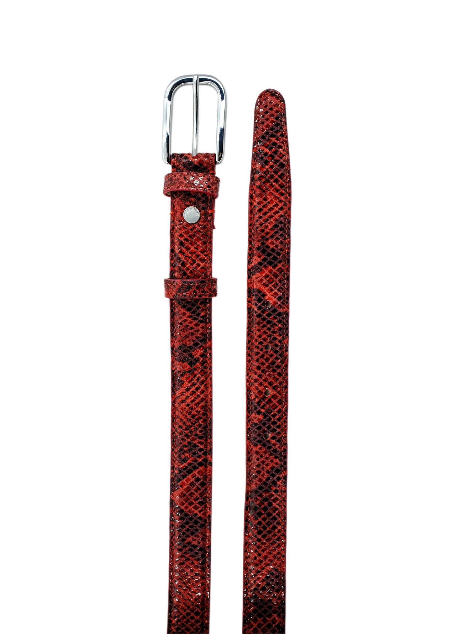 Top-down view of the Blood Red snakeskin belt, showcasing the silver buckle against a white background.