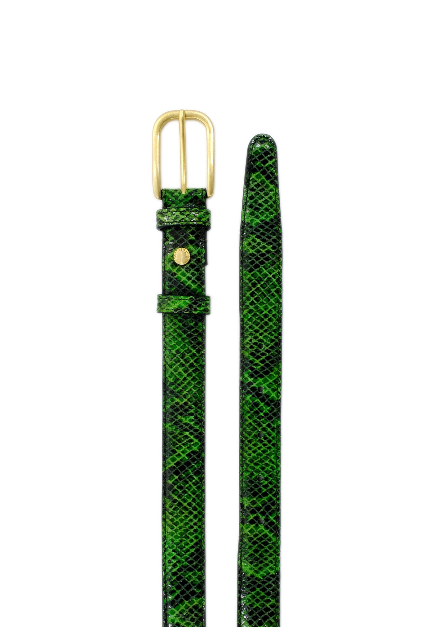 Parallel view of an Atomic Green snakeskin belt, showing the golden buckle and tip against a white studio setting.