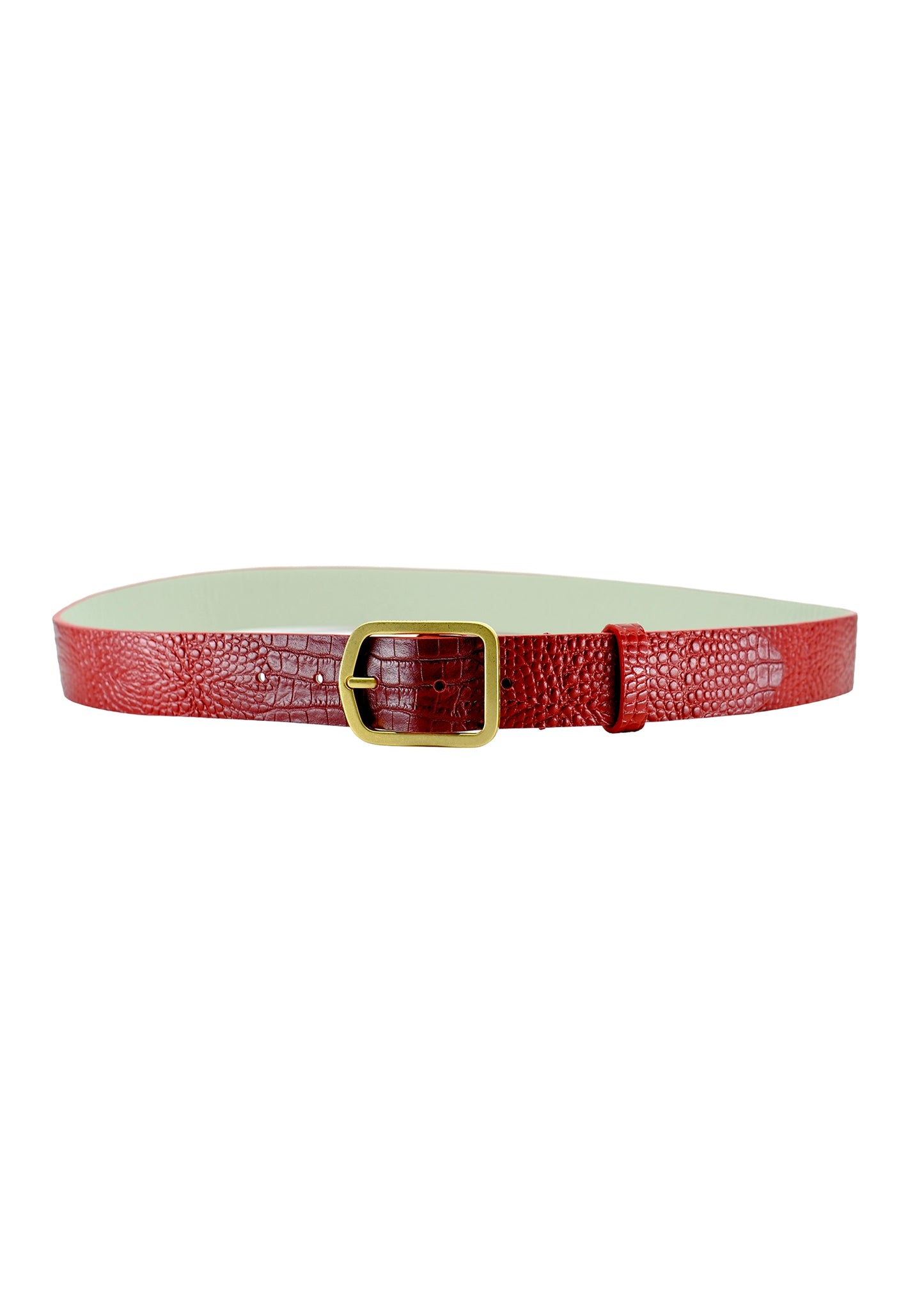 Full horizontal view of the Dry Blood alligator embossed belt, highlighting its rich red texture and rectangular gold buckle.