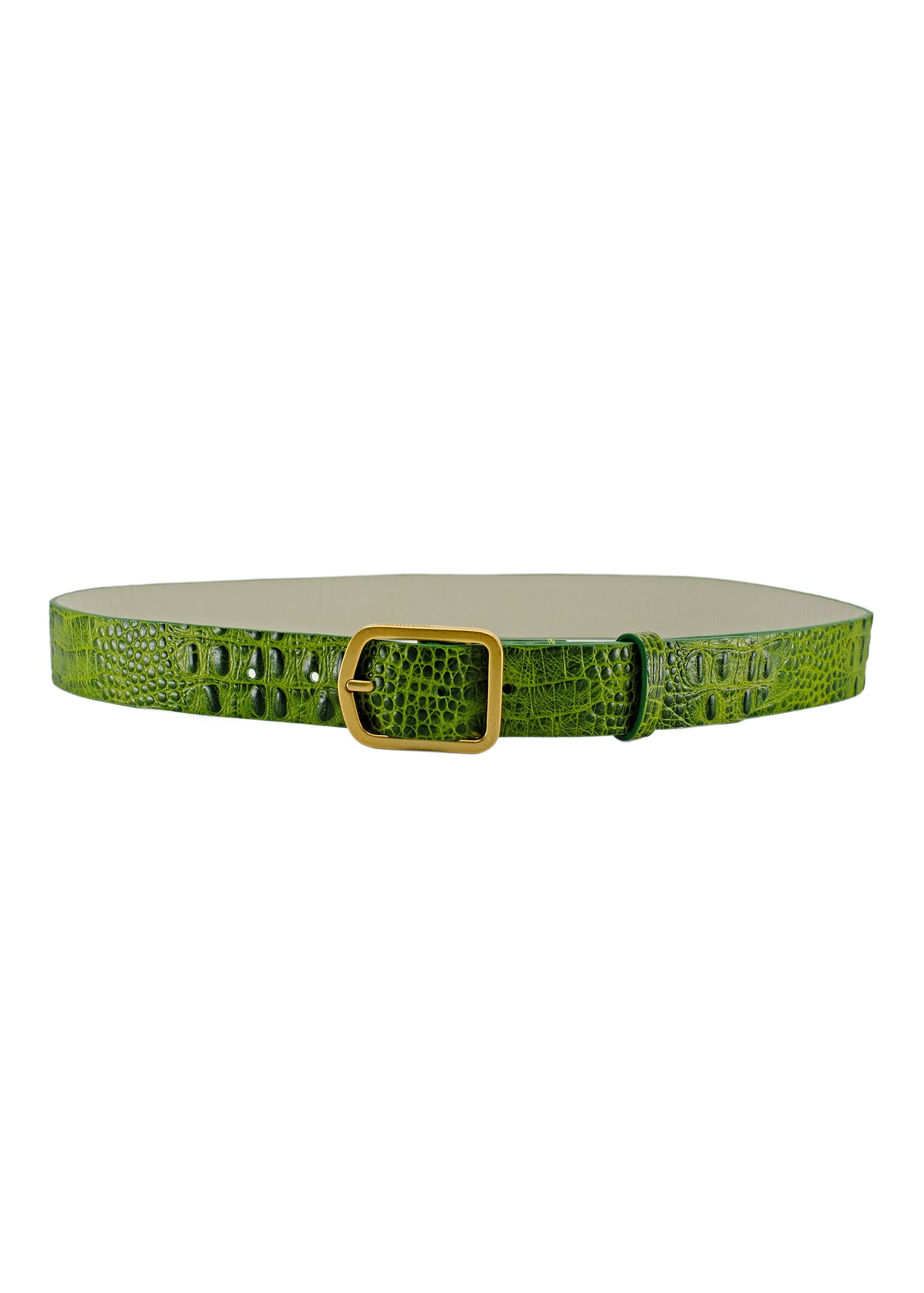 Full horizontal view of the Atomic Green alligator embossed belt, highlighting the bold leather and the classic rectangular gold buckle.