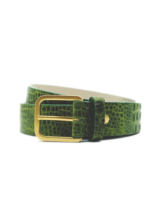 Coiled Atomic Green Mississippi Belt in alligator-embossed leather with a gold metal buckle.