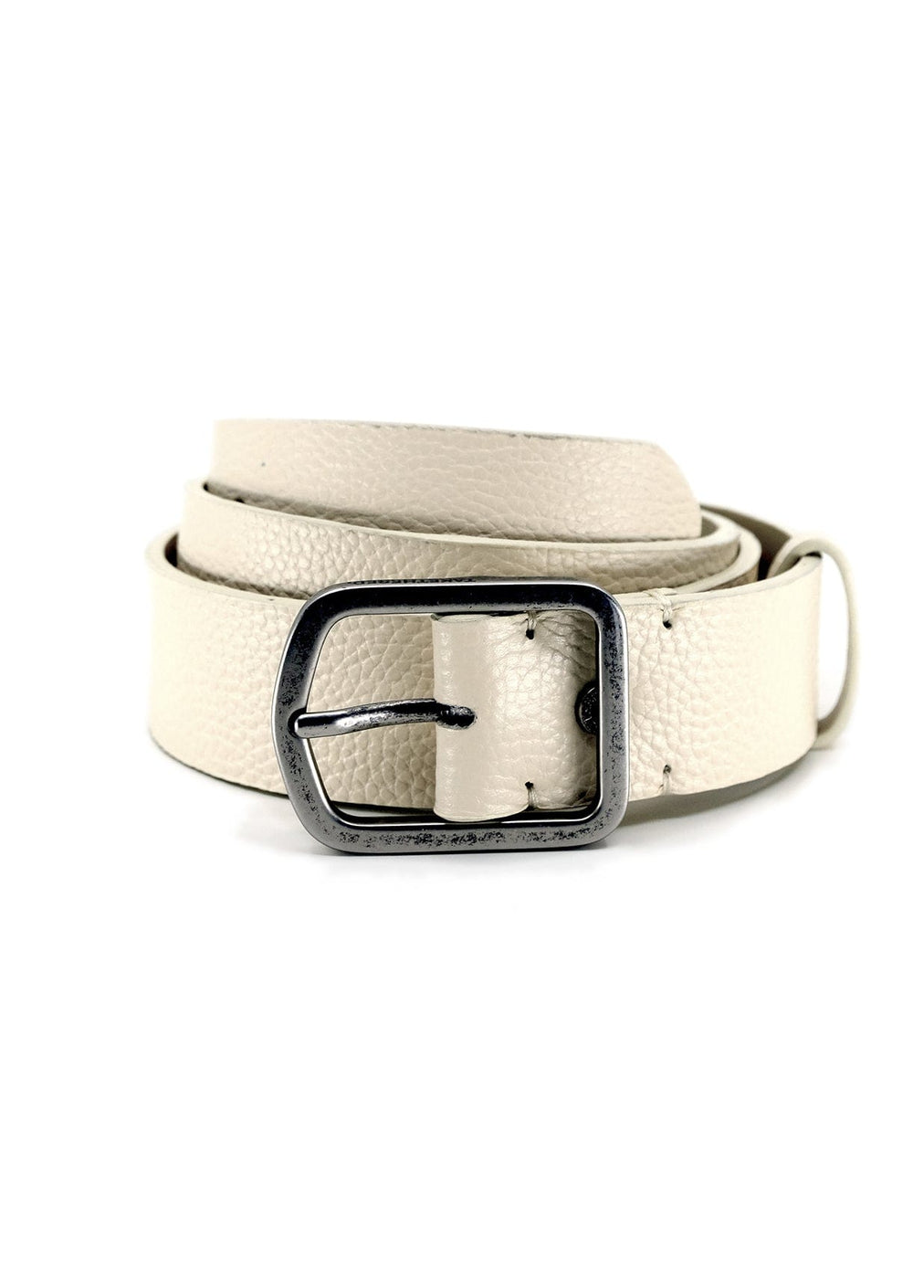 Coiled Dusty Spring Grunge Belt in off-white pebble-grain leather with a weathered silver buckle.