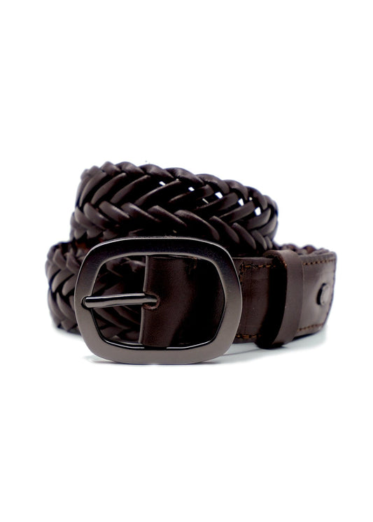 Coiled Espresso dark brown braided leather belt with a black buckle on white background.