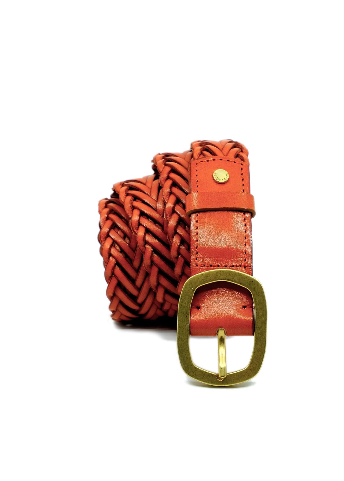 Vertical coiled view of Tatooine Sunset orange braided belt with a matte gold buckle, leather loop and gold rivet.