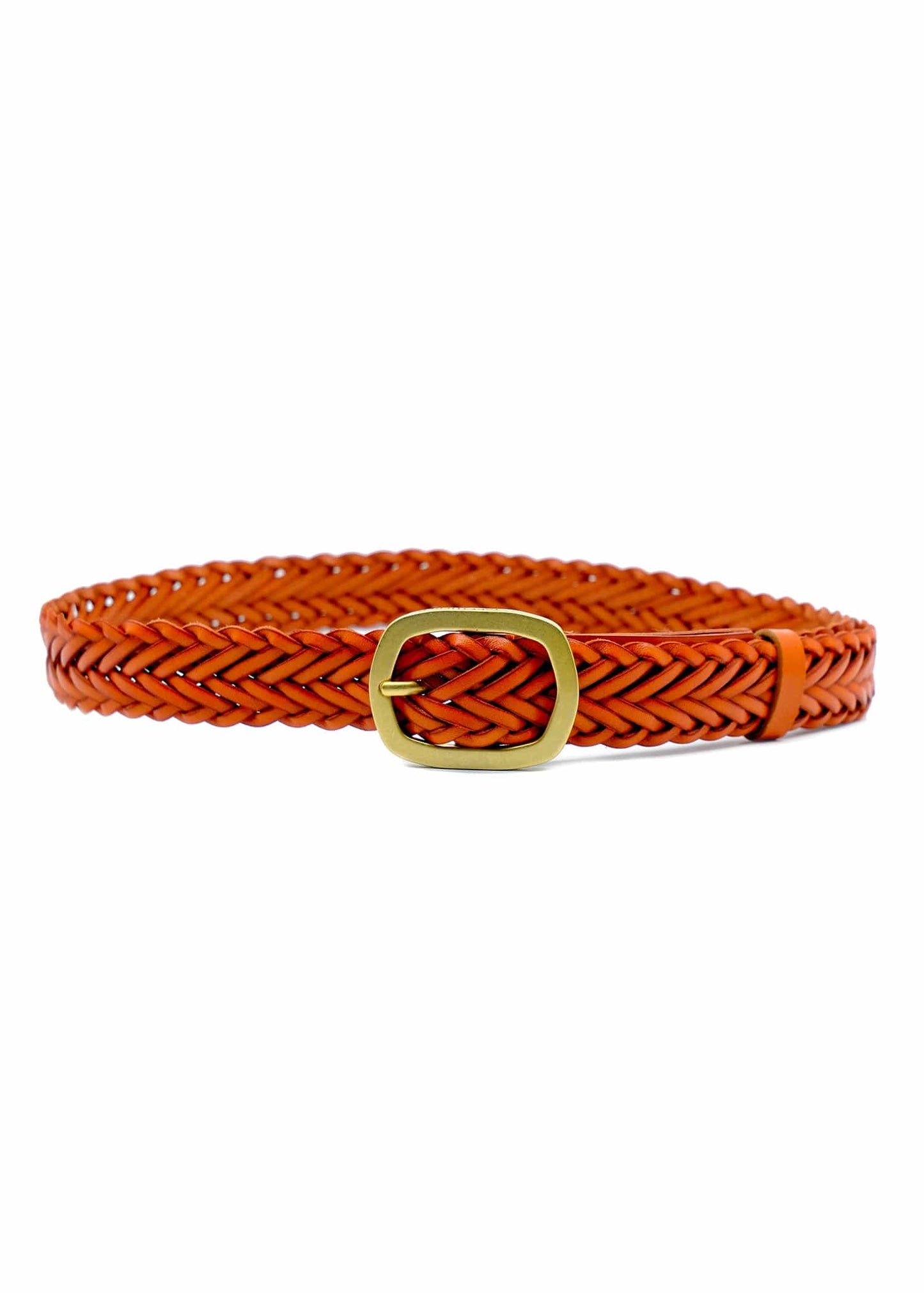 Horizontal view of Tatooine Sunset orange braided leather belt with a matte gold buckle and matching leather loop.