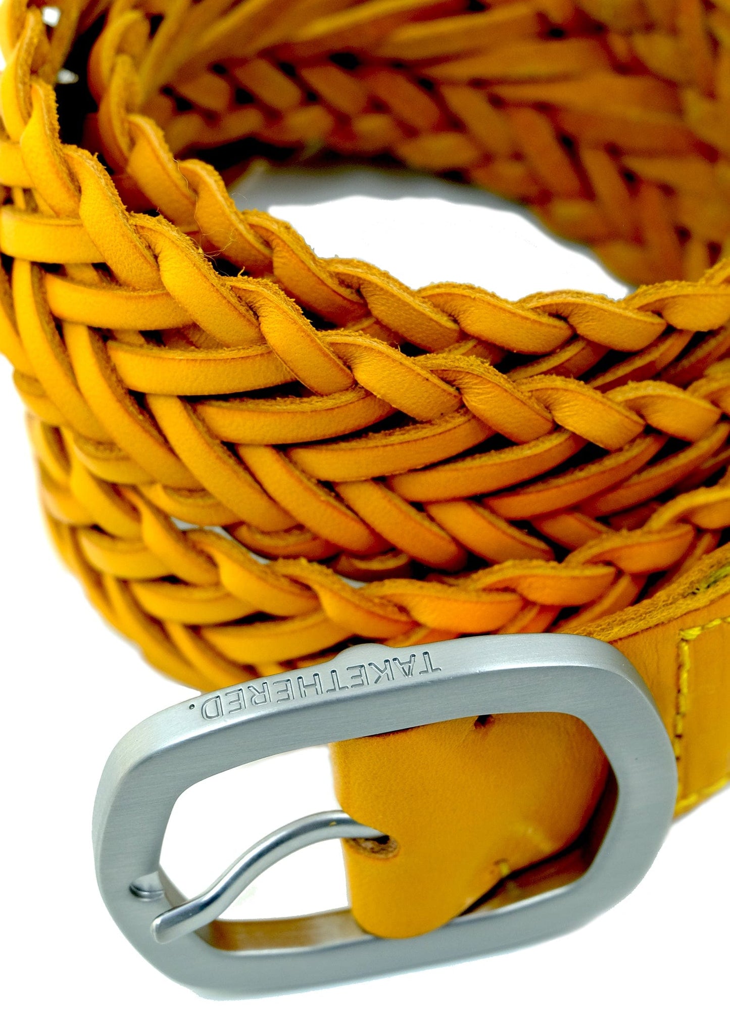 Macro shot of Submarine Yellow braided belt with a matte silver buckle featuring an engraved "BIRD & ASH." logo.