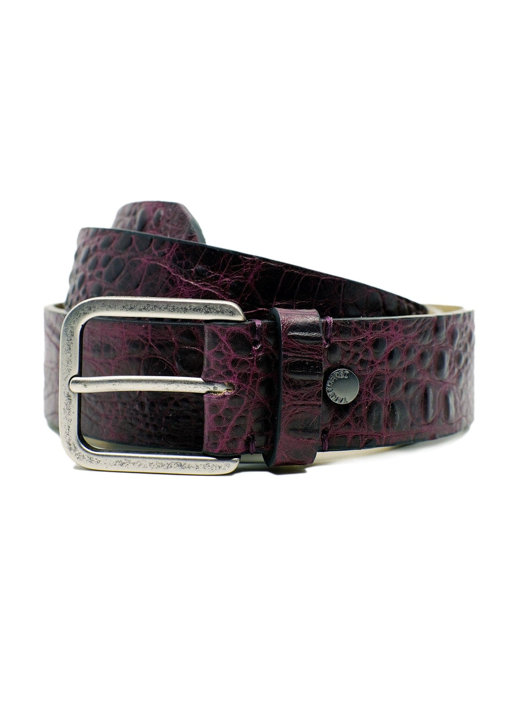 Coiled Dirty Aubergine alligator embossed leather belt with a weathered silver-tone buckle and black rivet detail.