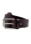 Coiled Dirty Aubergine alligator embossed leather belt with a weathered silver-tone buckle and black rivet detail.