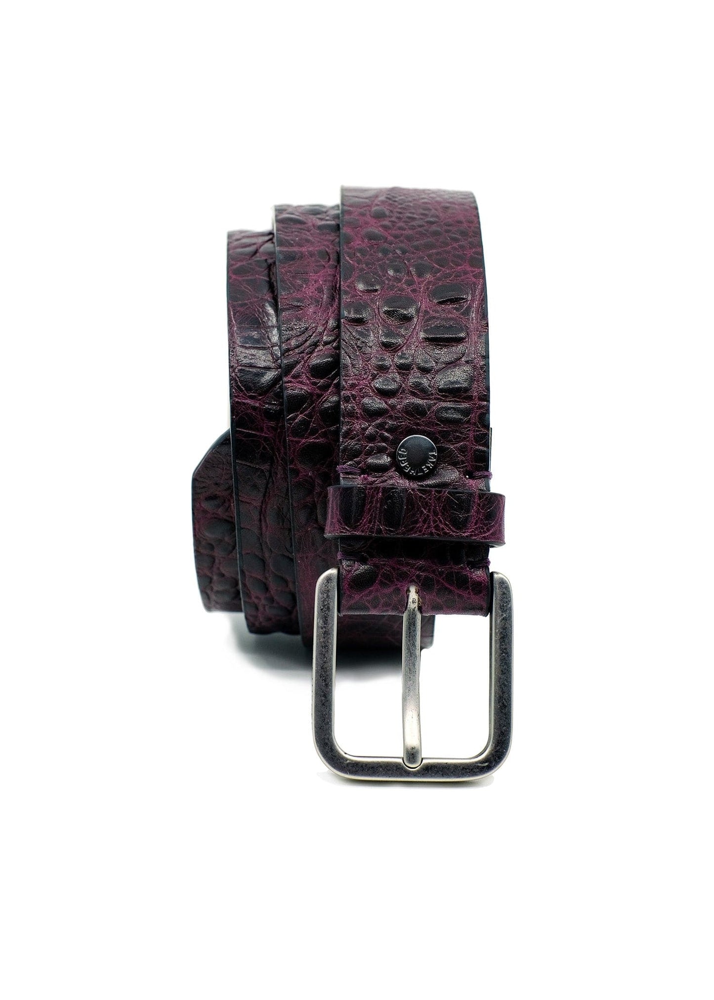 Vertical profile of the Dirty Aubergine alligator belt with a weathered silver buckle and black rivet detail.