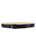 Horizontal view of the Dirty Aubergine alligator embossed belt with a weathered silver buckle and cream interior.