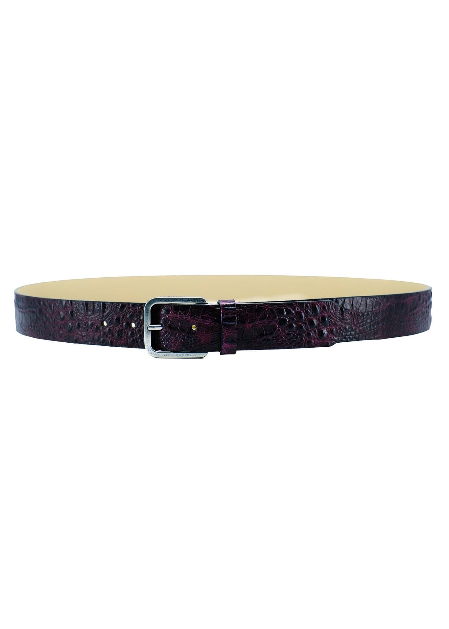 Horizontal view of the Dirty Aubergine alligator embossed belt with a weathered silver buckle and cream interior.