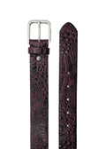 Top-down view of Dirty Aubergine alligator belt showing the weathered silver buckle and textured leather tip.