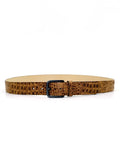 Horizontal view of the alligator-embossed Desert Sand Mississippi Belt with a matte black buckle and cream interior.