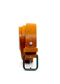 Vertical profile of coiled yellow Mississippi Belt featuring alligator-embossed leather and a silver buckle.