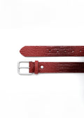 Top-down view of the blood red alligator-embossed Mississippi Belt with a silver metal buckle and detailed texture.