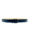 Horizontal view of the navy alligator-embossed Mississippi Belt with a matte black buckle and light-colored interior.