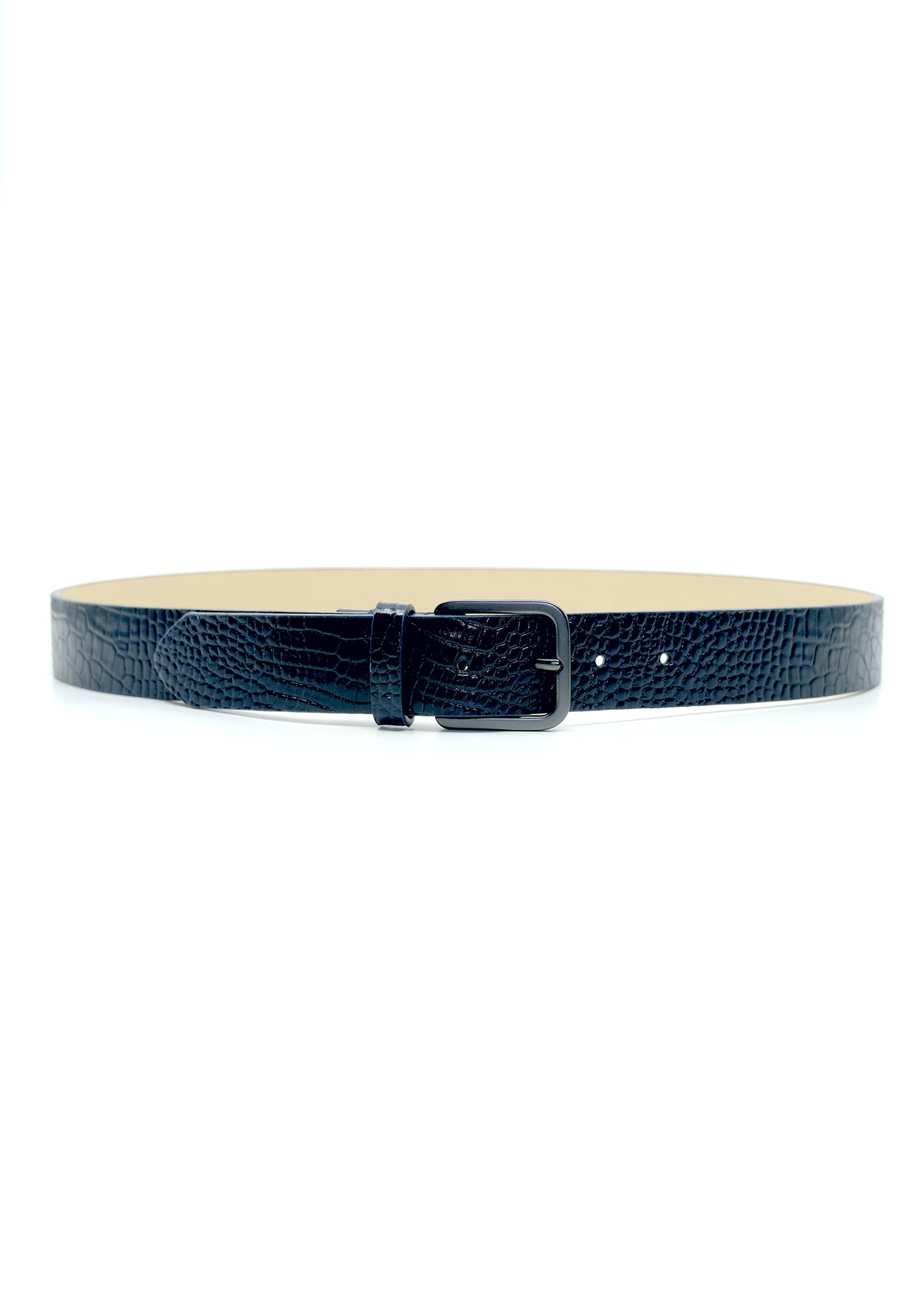 Horizontal view of the navy alligator-embossed Mississippi Belt with a matte black buckle and light-colored interior.