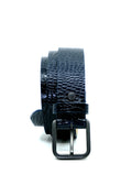 Vertical profile of coiled navy Mississippi Belt featuring alligator-embossed leather and a matte black buckle.