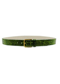 Horizontal view of the alligator-embossed Atomic Green Mississippi Belt with a gold metal buckle and cream interior.