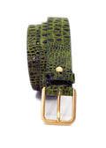 Vertical profile of coiled green Mississippi Belt with alligator-embossed leather and a gold metal buckle.