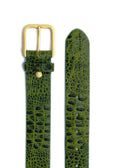 Top-down view of the alligator-embossed Atomic Green Mississippi Belt with a gold metal buckle and detailed texture.