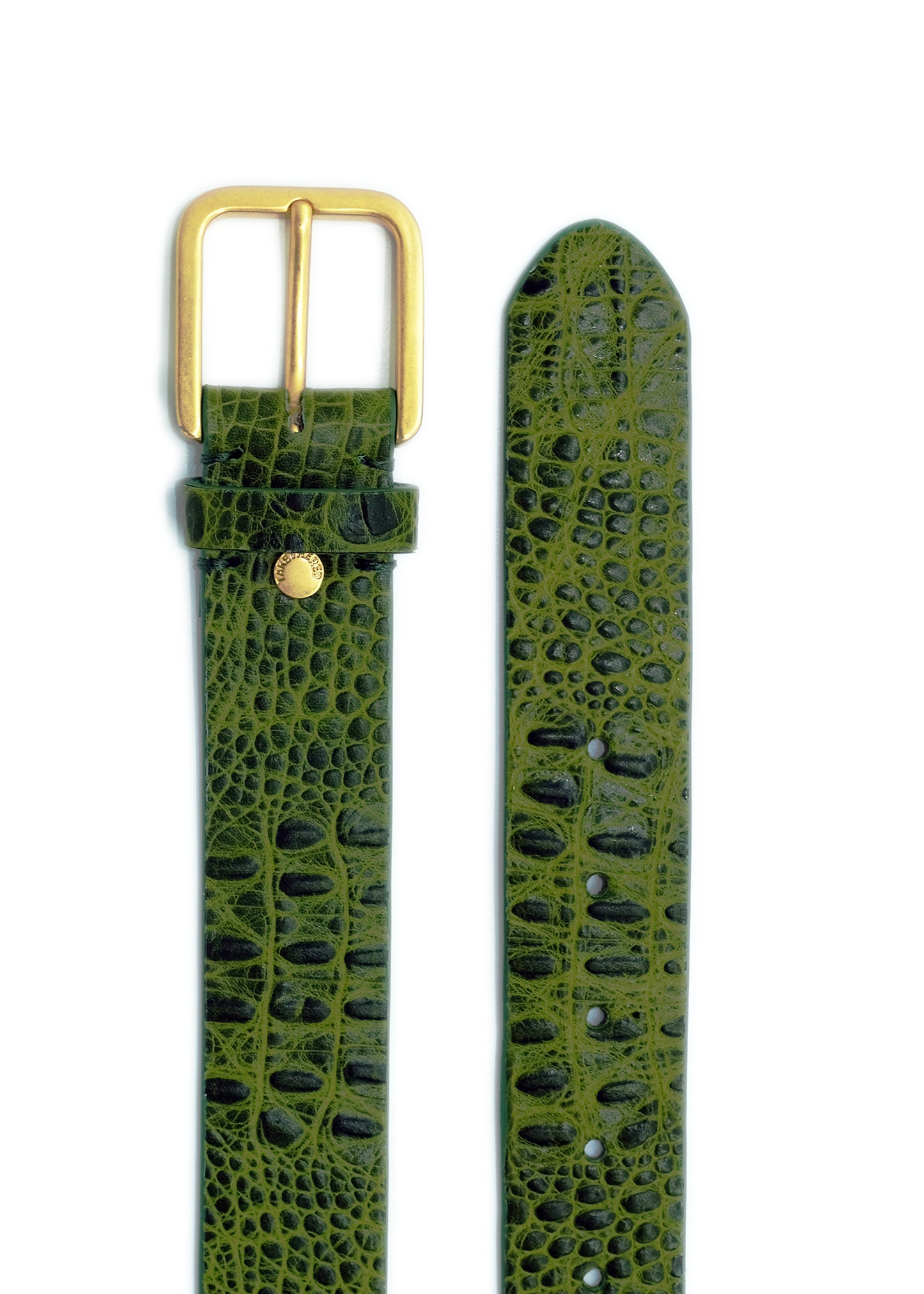 Top-down view of the alligator-embossed Atomic Green Mississippi Belt with a gold metal buckle and detailed texture.