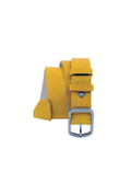 Vertical coiled view of Submarine Yellow smooth leather belt with weathered silver buckle and matching silver rivet.