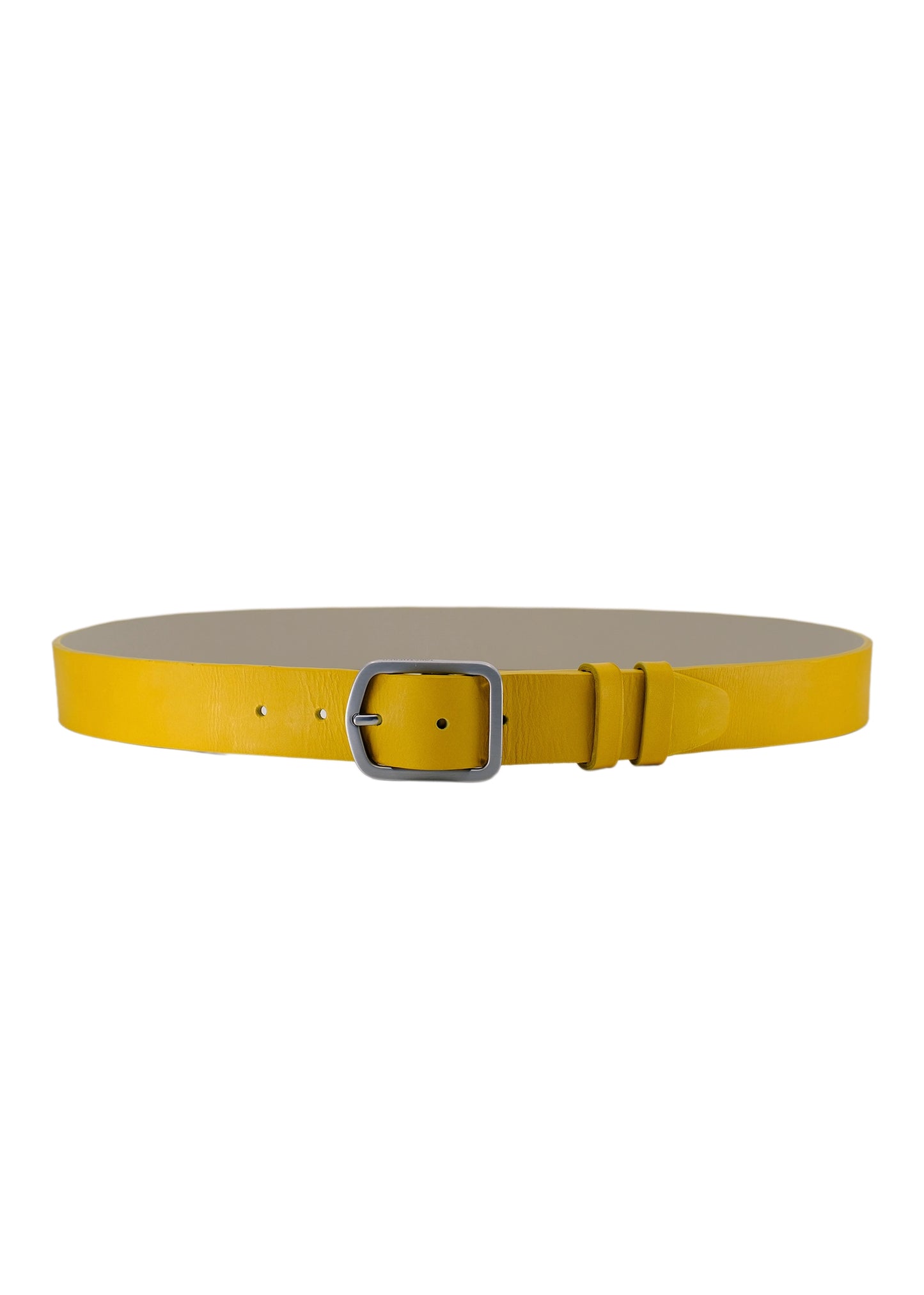 Horizontal view of Submarine Yellow smooth leather belt with a weathered silver buckle and double leather loops.
