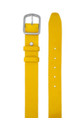 Top-down view of Classic Submarine Yellow smooth leather belt with a weathered silver buckle and double leather loops.