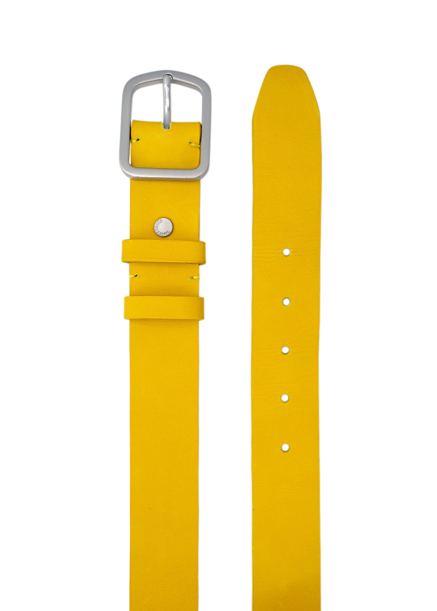 Top-down view of Classic Submarine Yellow smooth leather belt with a weathered silver buckle and double leather loops.