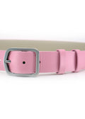 Close-up of Barbie Pink smooth leather belt with a weathered silver buckle and double leather loops.
