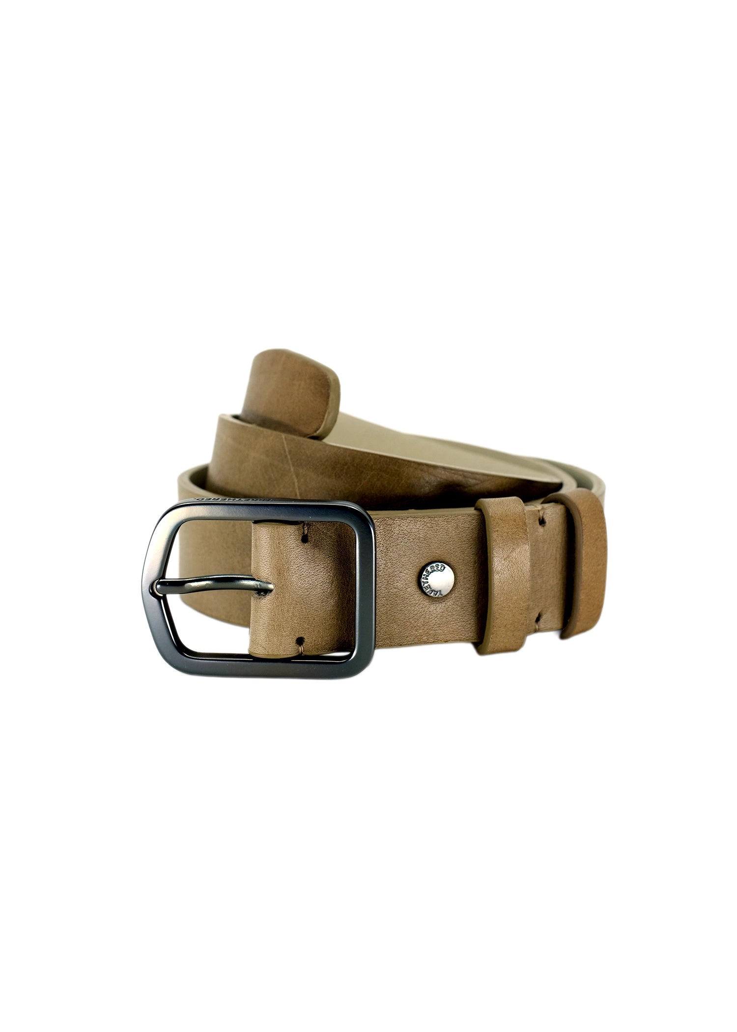 Coiled Classic Truffle Brown smooth leather belt with a metal buckle and matching leather loop.