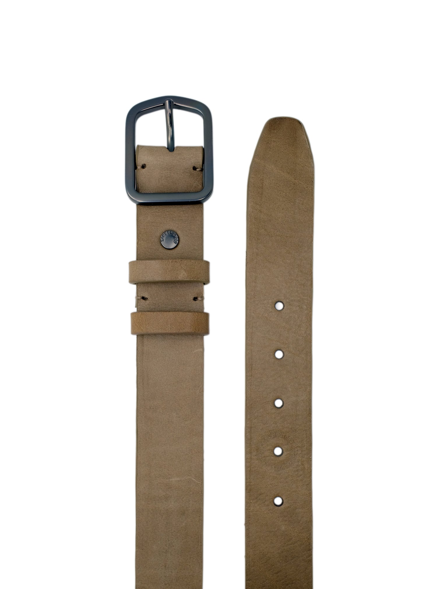 Top-down view of Classic Truffle Brown smooth leather belt with a gunmetal buckle and double leather loops.