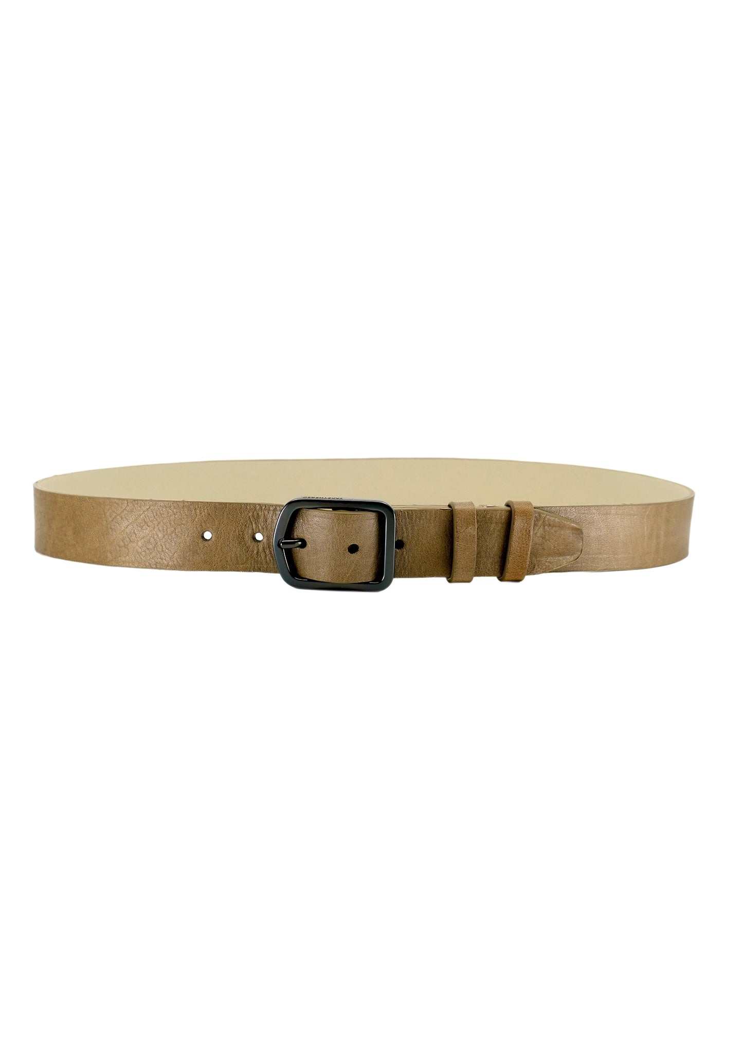 Horizontal view of Truffle Brown smooth leather belt with a gunmetal buckle and double leather loops.