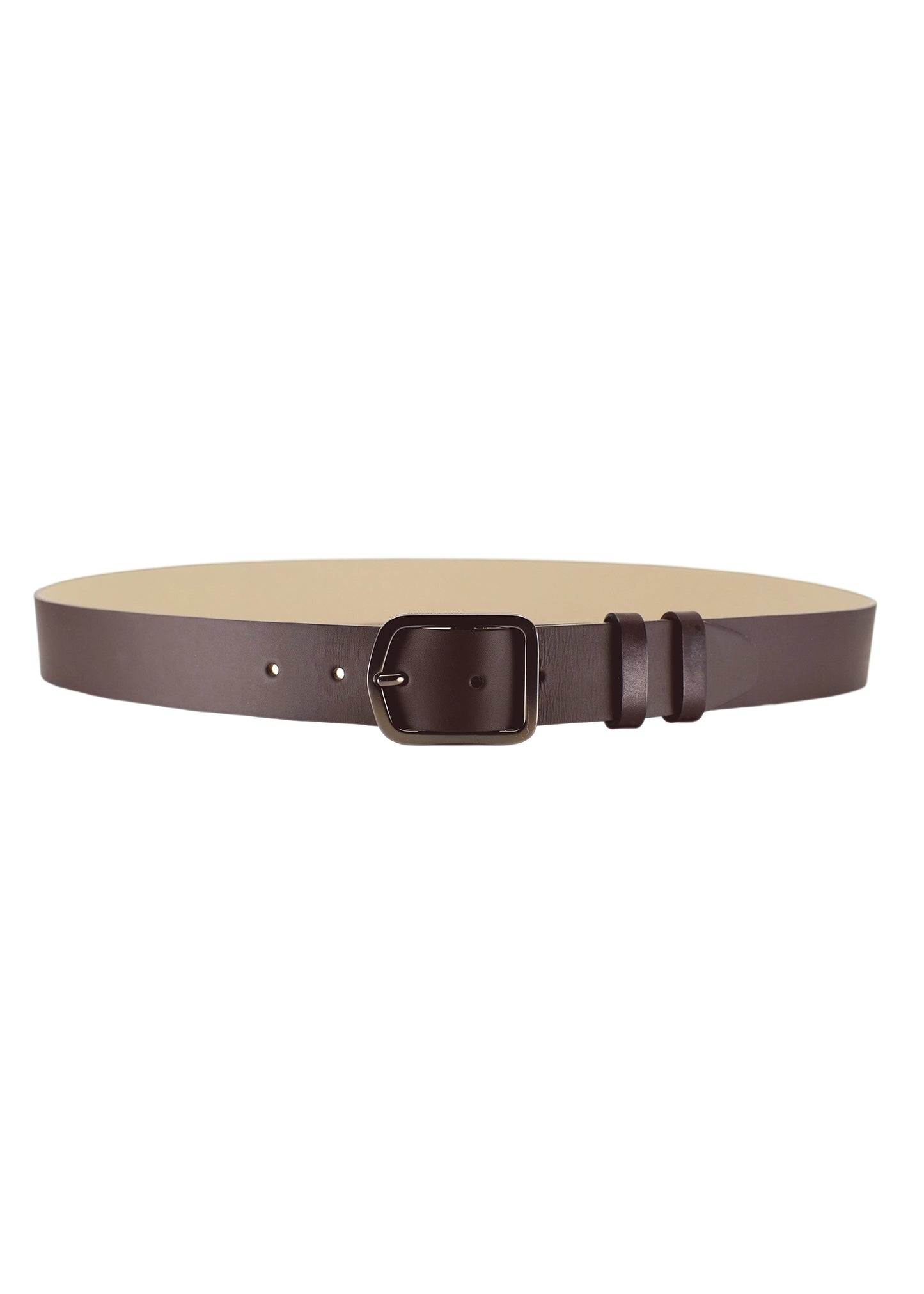 Horizontal view of Classic Espresso smooth dark brown leather belt with a gunmetal buckle and double leather loops.