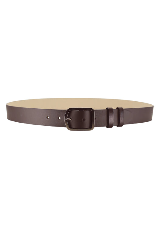 Horizontal view of Classic Espresso smooth dark brown leather belt with a gunmetal buckle and double leather loops.
