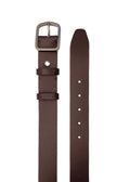 Top-down view of Classic Espresso smooth dark brown leather belt with a gunmetal buckle and double leather loops.