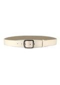Horizontal view of the off-white Dusty Spring Grunge Belt in pebble-grain leather with a weathered silver buckle.