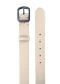 Top-down view of off-white Dusty Spring Grunge Belt in pebble-grain leather with a weathered silver buckle.